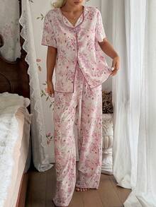 CottageSlumber Women's Casual Comfortable Vacation Contrast Color Floral Print Lapel Short Sleeve Pants Pajama Set - Multicolor - View 7