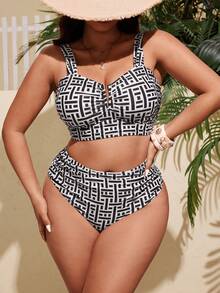 Swim Vcay Plus Size Women 2pcs/Set Random Print Casual Swimwear Set - Multicolor - View 4