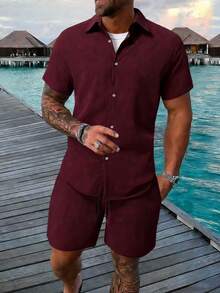 Manfinity RSRT Men's Casual Vacation Short Sleeve Shirt Set - Burgundy - View 3