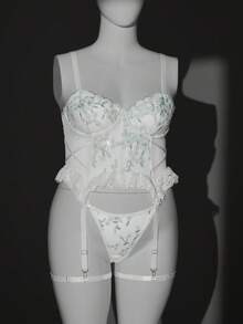 Seduluxe 加大码经典性感束身胸衣上装+内裤+吊袜带三件套，刺绣和网纱拼接 - 彩色 - 查看 7