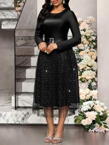 SHEIN Lady Elegant Party Sequin & Mesh Patchwork Black Dress - Black - View 6