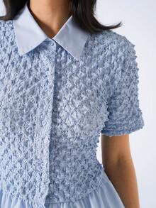 LYSMO Women's Light Blue Summer Elegant Tea Party Blouse,Minimalism Solid Color Front Button Ruffle Hem Short Sleeve Top For Vacation,Work,Beach & Holiday - Blue - View 7