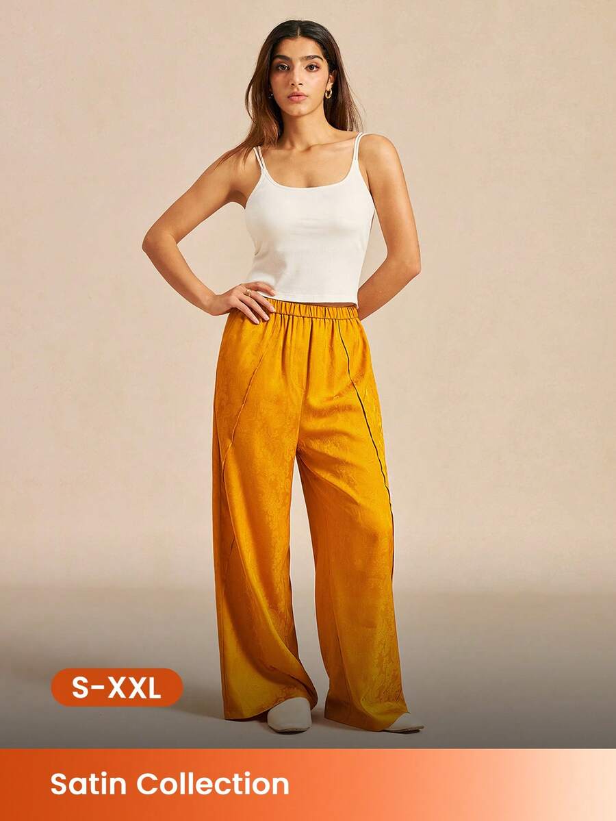 LUVLETTE Luxury Nightwear Elegant Mustard Satin Wide-Leg Sleep Pants Loose-Fit Lounge Trousers For Women Pyjama - Yellow - View 1