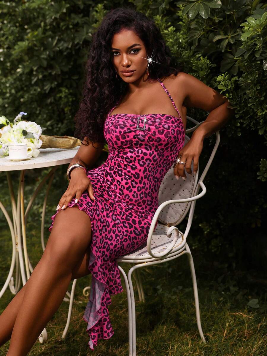 Lureya 女士时尚针织吊带衫几何豹纹短款不规则荷叶边下摆优雅浪漫度假休闲日常约会晚餐春夏连衣裙 - 彩色 - 查看 1