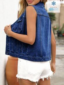 EMERY ROSE 女士单排扣休闲百搭牛仔背心 - 深色水洗藍 - 查看 2