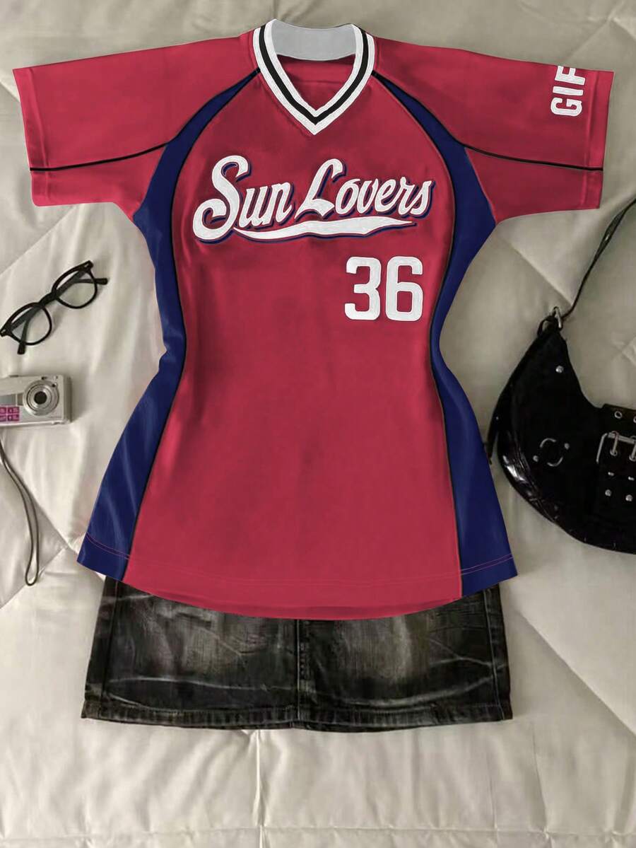 Glimmora 女士休闲撞色V领修身短袖T恤 - 紅色 - 查看 1