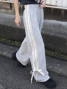 FRIFUL Women's Casual Contrast Striped Drawstring Pants School - Grey - View 4