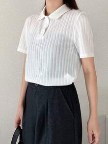 FRIFUL Women's Loose Fit Polo Collar Ribbed Short Sleeve Solid Color T-Shirt - White - View 5