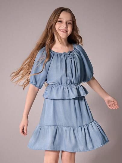 Oversized White & Blue Casual T-Shirt Set For Tween GirlsLoose Fit Vacation Tops, Suitable For Spring/Summer Outing, Traveling, Holiday