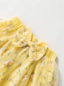 Souflis Souflis 少女浅黄色刺绣薄纱蝴蝶结腰裙，适合日常穿着，甜美可爱，优雅假日风情 - 黃色 - 查看 5