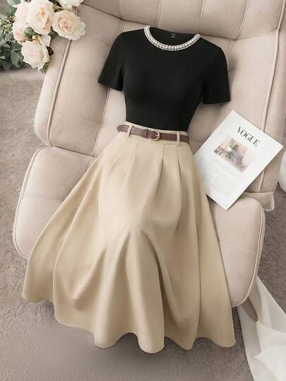 Franclia Women's Casual And Elegant Black Crew Neck Pearl-Embellished Short-Sleeve Fitted Shirt+Khaki Loose Long Flared Midi Skirt With A Free Belt,Summer 2Pcs Suit Suitable For Daily Waer/Commute Outfit/Relaxing Vacation