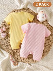 SHEIN Playful Pals 2件組新生女嬰連身褲 可愛蝴蝶結前襟 羅紋短袖連身衣 粉色與黃色 夏季純棉衣 適合家庭穿搭 - 彩色 - 查看 2