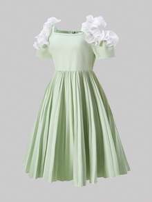 SHEIN 1pc Girls Elegant Ruffled Hem Zipper Back Collared Short Sleeve Splice Pleated Flared Waist Fitted Light Green Dress, Casual Everyday Wear & Party - Green - View 5