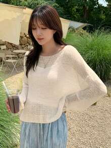 DAZY 宽松针织镂空长袖毛衣，女士叠穿罩衫 - 白色 - 查看 6