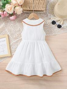 SHEIN 女童翻领无袖白色休闲连衣裙，简约乡村风可爱柔软连衣裙，女童夏季100%纯棉连衣裙 - 白色 - 查看 2