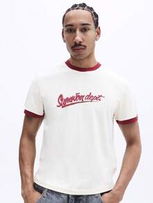 SUMWON Herren Slim Fit Rundhals Kurzarm T-Shirt mit Schrift Logo Muster, burgunderroter Kontrastbesatz, lässiges Sommer-Oberteil - Aprikosenfarben - Übersicht 1