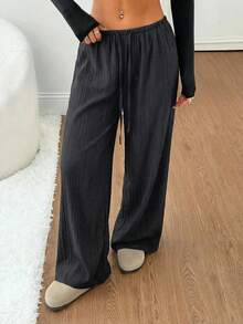 SHEIN PETITE 女士黑色纯色亚麻低腰直筒休闲裤，适合娇小身材，夏秋季穿着 - 深灰色 - 查看 5