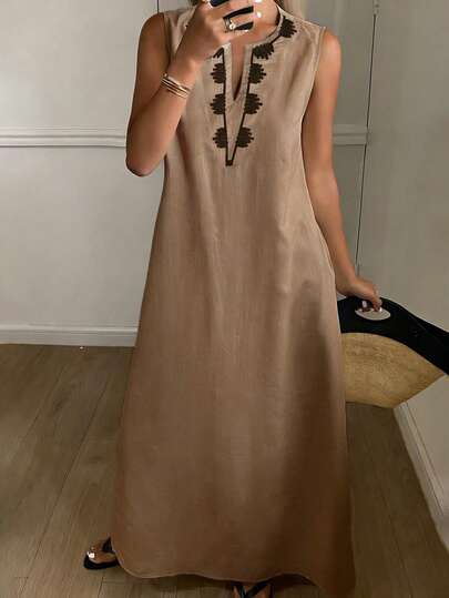 DAZY 女士夏季刺绣无袖V领长袖中长连衣裙