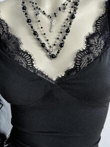 EgrlEra Áo thun nữ cổ chữ V phối ren kiểu Y2K gợi cảm dành cho nữ - màu đen - Xem 6