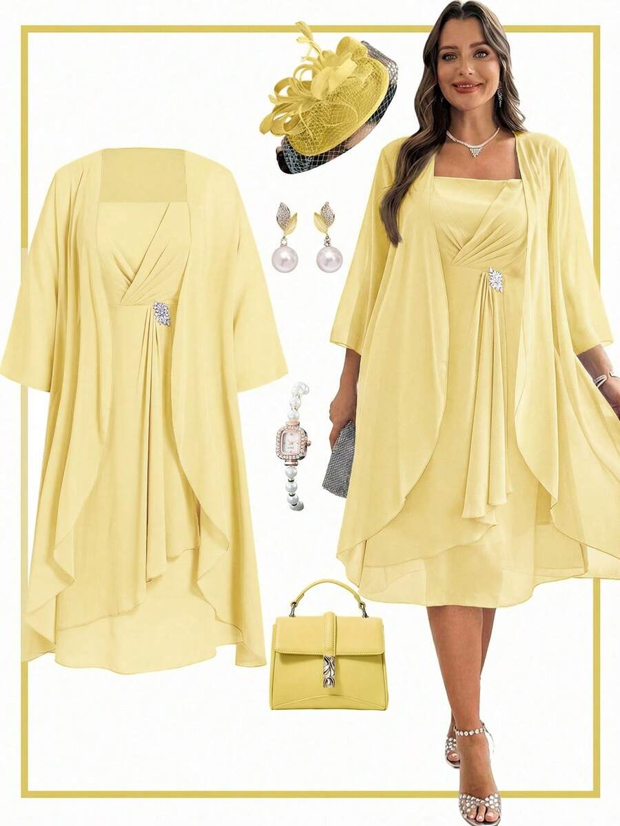 Ellevyn Bộ áo khoác và váy màu trơn thanh lịch dành cho người có vóc dáng đầy đặn, phù hợp cho các bữa tiệc. - Vàng nhạt - Xem 1