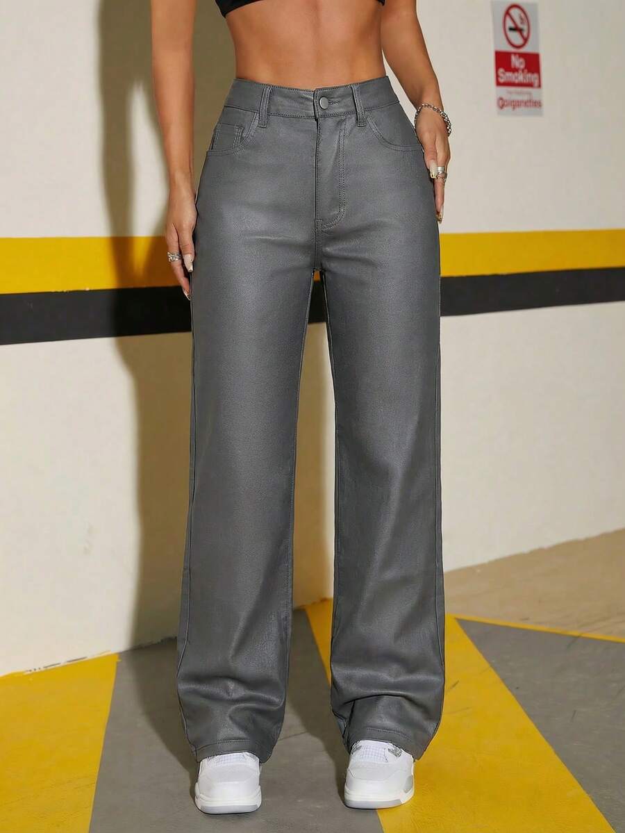 SHEIN Tall 女士休闲时尚街头风日常通勤涂层直筒裤 - 深灰色 - 查看 1