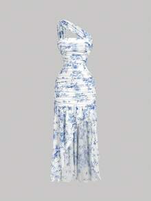 SHEIN MOD Women's Elegant Floral Print Dress, Sleeveless, Summer - Blue and White - View 4