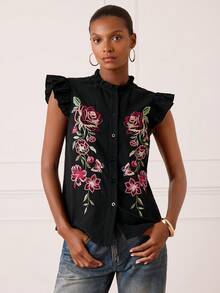 Lilora Women's Elegant Cotton Ruffle Sleeve Embroidered Blouse - Black - View 3