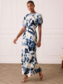 Lilora 女士优雅蜡染印花花瓣袖收腰连衣裙，度假风 - 藍白色 - 查看 5