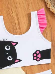 2件套女婴黑色小猫图案弹力速干舒适针织面料泳衣套装，适合海滩、泳池、海边、冲浪、度假、夏季、旅行等场合。女婴比基尼泳装两件套，适合2岁女婴，也适合3岁女婴。 - 白色 - 查看 6
