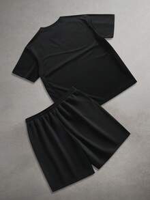 STYNVO Men's Casual Contrast Trim T-Shirt And Shorts Set, Summer - Black - View 2