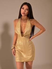 SHEIN PETITE 秋冬季纯金纹理深V露背迷你优雅连衣裙，金色连衣裙，性感秋季连衣裙，适合夜店派对、外出等场合，秋季女装，复古富贵，女士派对连衣裙 - 金色 - 查看 6