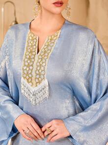 Al Najma 女士闪亮刺绣串珠长袍，宽松显瘦宴会优雅长袍 - 藍色 - 查看 2