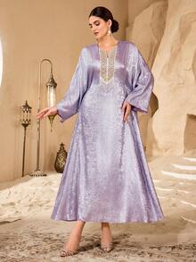 Al Najma Women's Shiny Embroidered Beaded Long Robe, Loose Slimming Banquet Elegant Robe - Purple - View 3
