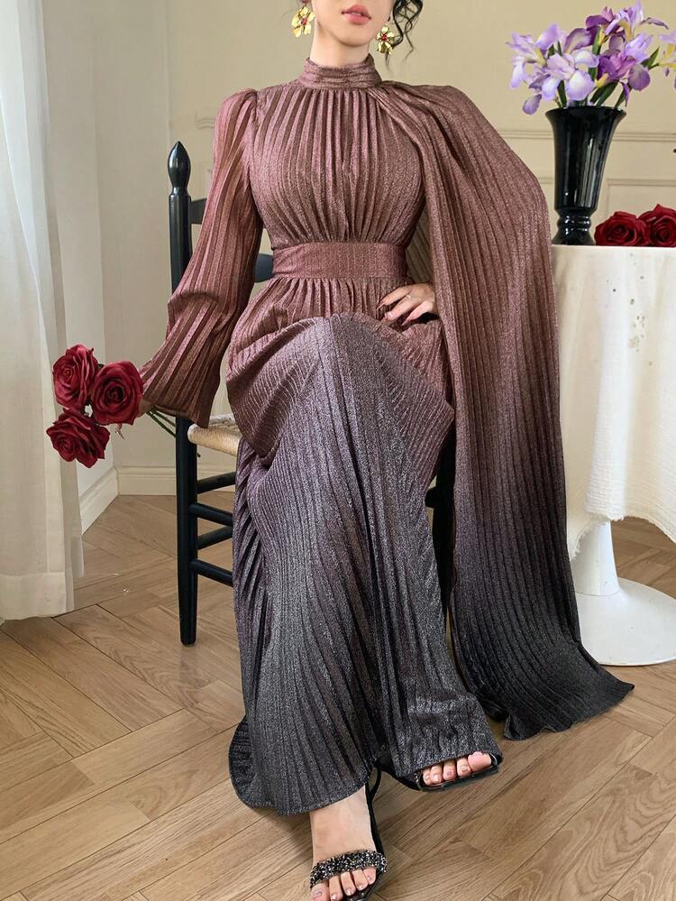 Spring & Summer Brown Ombre Sequin Design Shawl Collar Dress, Elegant For Valentine's Day, Wedding, Party, Formal Occasion, Fashion, Slim Fit, Long Sleeve, High Waist, Flared Dress Maxi Dress Sundress