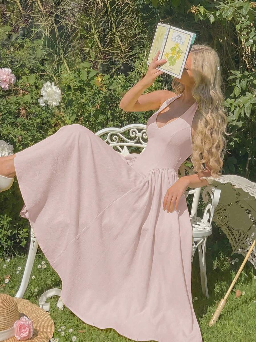 SHEIN MOD Women's Elegant Solid Color Backless Halter Dress, Summer - Baby Pink - View 1