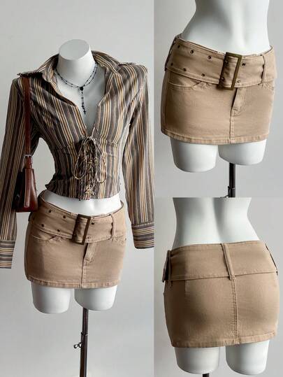 Elamini Women's Casual Daily Commute Fashion Street Chic Minimalist Solid Color Grommet Buckle Belted Bodycon Denim Mini Skirt, Summer