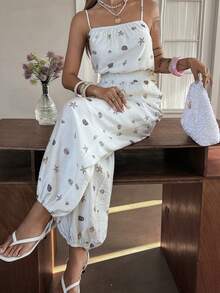 Livesso 女士休闲印花连体裤 - 米色 - 查看 1