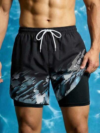 Teenage (Boys) Swimwear, Fashionable Ombre Print Beach Shorts, Double Layer With Lining, Suitable For Sports & Vacation, Unlock Summer Fashion