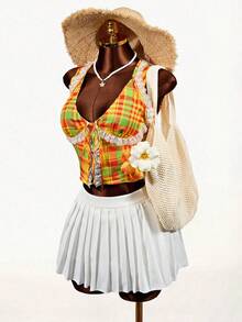 Mistrie Women's Fashionable Checkered Print Ruffled Lace Blouse With Ruffled Lace At The Neckline. Checkered Print Blouse With Backless Ruffled Lace Detail. Women's Fashionable Piece. - Multicolor - View 1