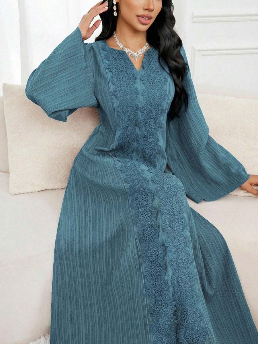 Al Najma 女士撞色蕾丝V领长袖优雅阿拉伯风格连衣裙 - 霧霾藍 - 查看 1