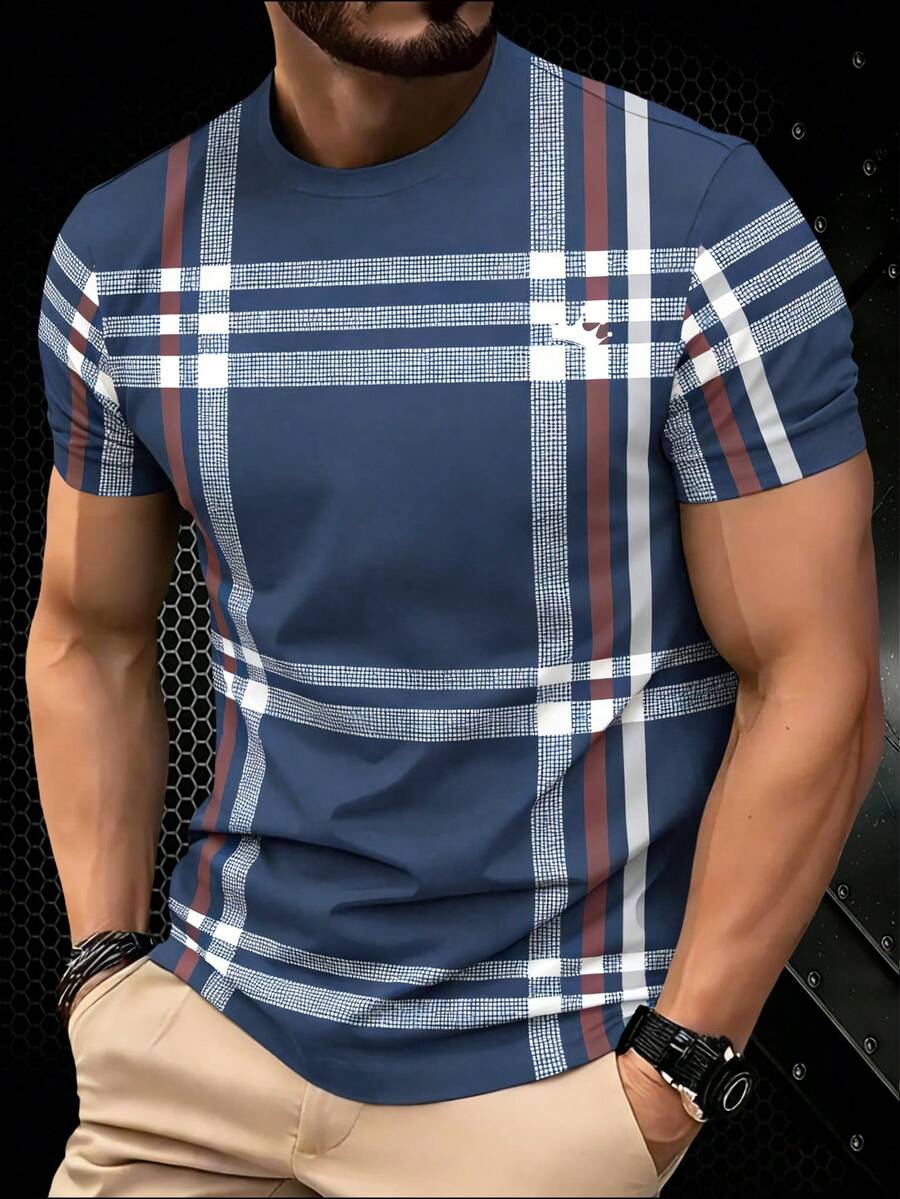 Manfinity Homme Áo thun nam tay ngắn cổ tròn in sọc, kiểu dáng thường ngày, thích hợp làm quà tặng cho bạn trai, người yêu, gia đình, mặc hàng ngày và hẹn hò. - Nhiều màu - Xem 1