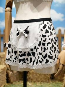6pcs Bow Tie Cow Print Maid Costume Set, Lace Trim Sexy Lingerie Cosplay Outfit - Black and White - View 5