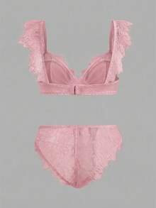 lacRébo 白色缎面蕾丝内衣套装，配有蕾丝饰边肩带和配套内裤，性感别致 - 淺粉色 - 查看 7