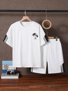 2pcs/Set Teen Boys' Fashionable White T-Shirt And Shorts,Soft Comfortable Summer Streetwear Holiday Outfit For Sports,School,Outings And Photography - White - View 9