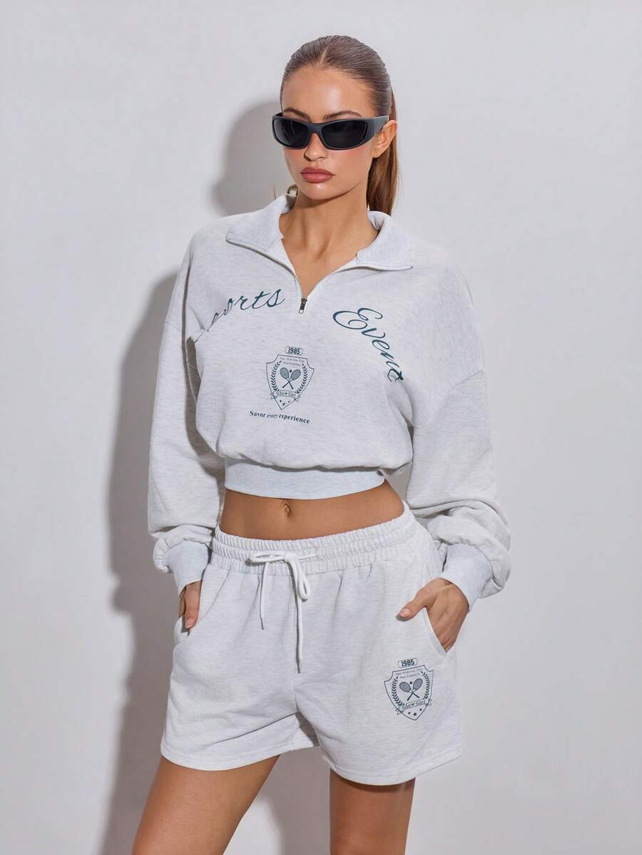 SHEIN ICON 女士字母数字印花长袖上衣和抽绳腰短裤休闲两件套 - 淺灰色 - 查看 1