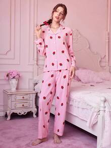 条纹草莓印花睡衣套装，甜美可爱翻领纽扣长袖上衣和长裤，女士睡衣家居服套装，秋冬 - 粉色 - 查看 6