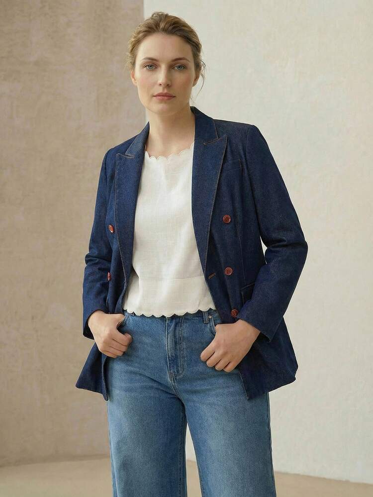 PLUS SIZE WOMEN NAVY BLUE DOUBLE BREASTED CASUAL DENIM BLAZER