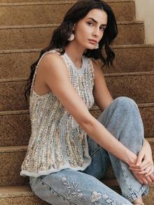 Anewsta 女士花卉针织镂空圆领毛衣背心 - 灰色 - 查看 7