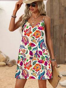 SHEIN LUNE 大码花卉印花休闲简约吊带连衣裙，适合夏季度假 - 黃色 - 查看 1