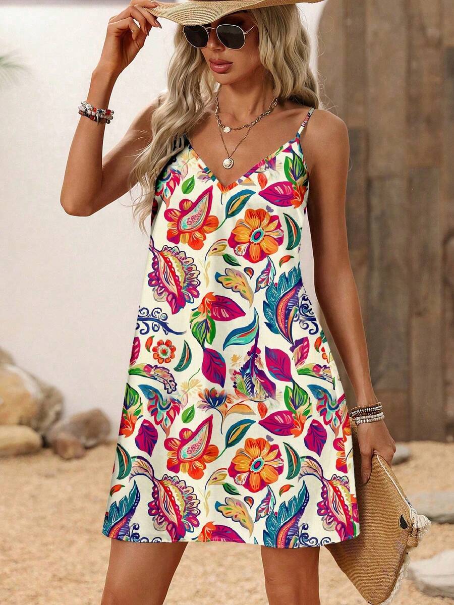 SHEIN LUNE 大码花卉印花休闲简约吊带连衣裙，适合夏季度假 - 黃色 - 查看 1